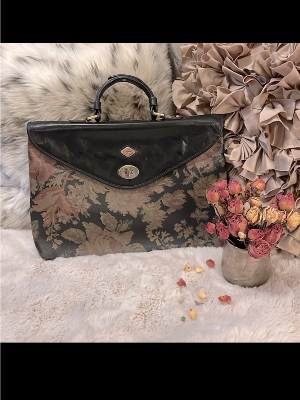 I Santi Vintage Pebbled Floral Color Block Leather Satchel Laptop Bag Purse